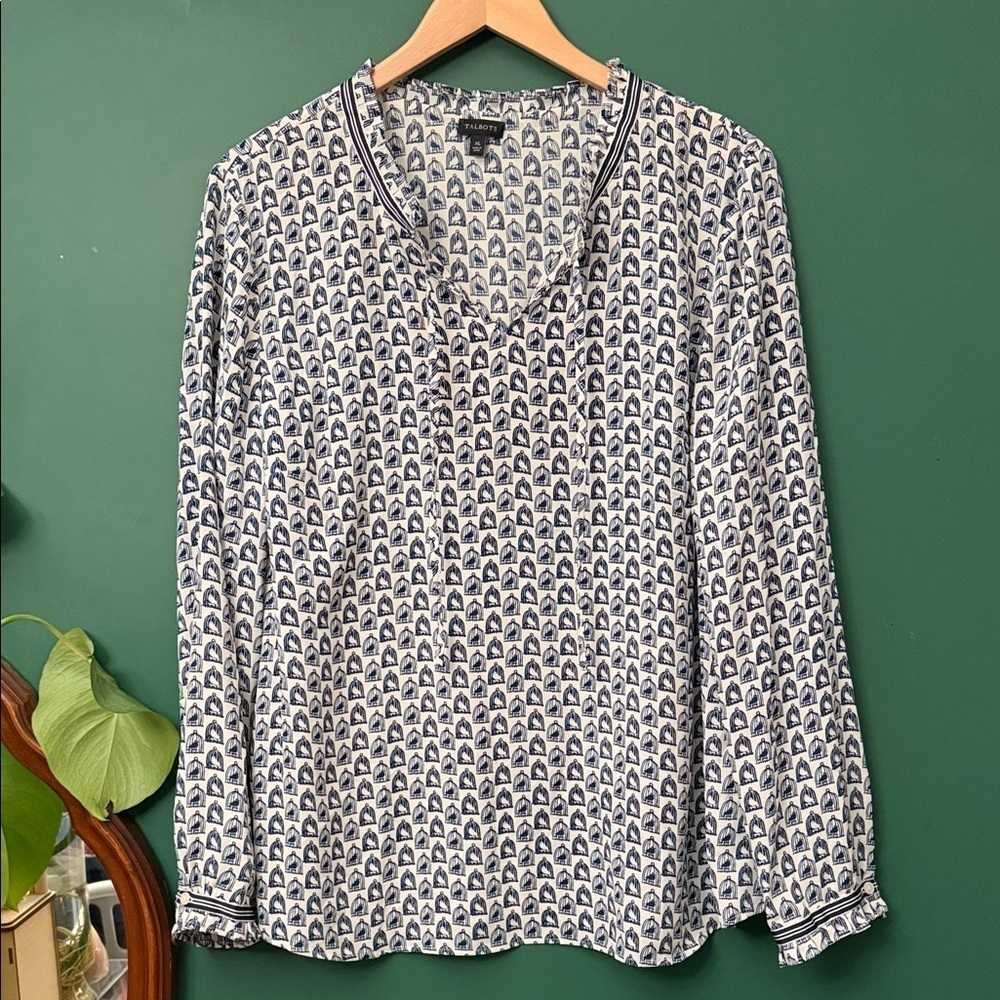 Talbots Navy & White Birdcage Print Womens XL Tunic Blouse Sheer Grograin Ribbon